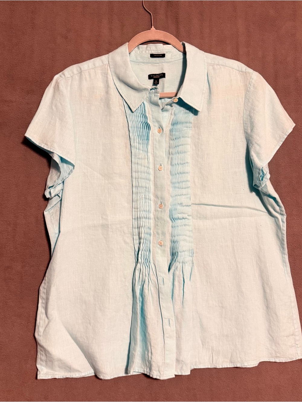Talbots Pure Irish Linen Light Blue Pleated Short Sleeve Blouse Shirt XL